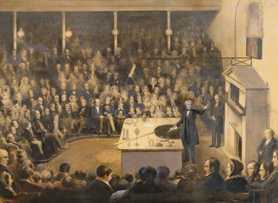 Michael Faraday (1791-1867) hält einen Vortrag im Theater der Royal Institution, ca. 1856 von Alexander Blaikley